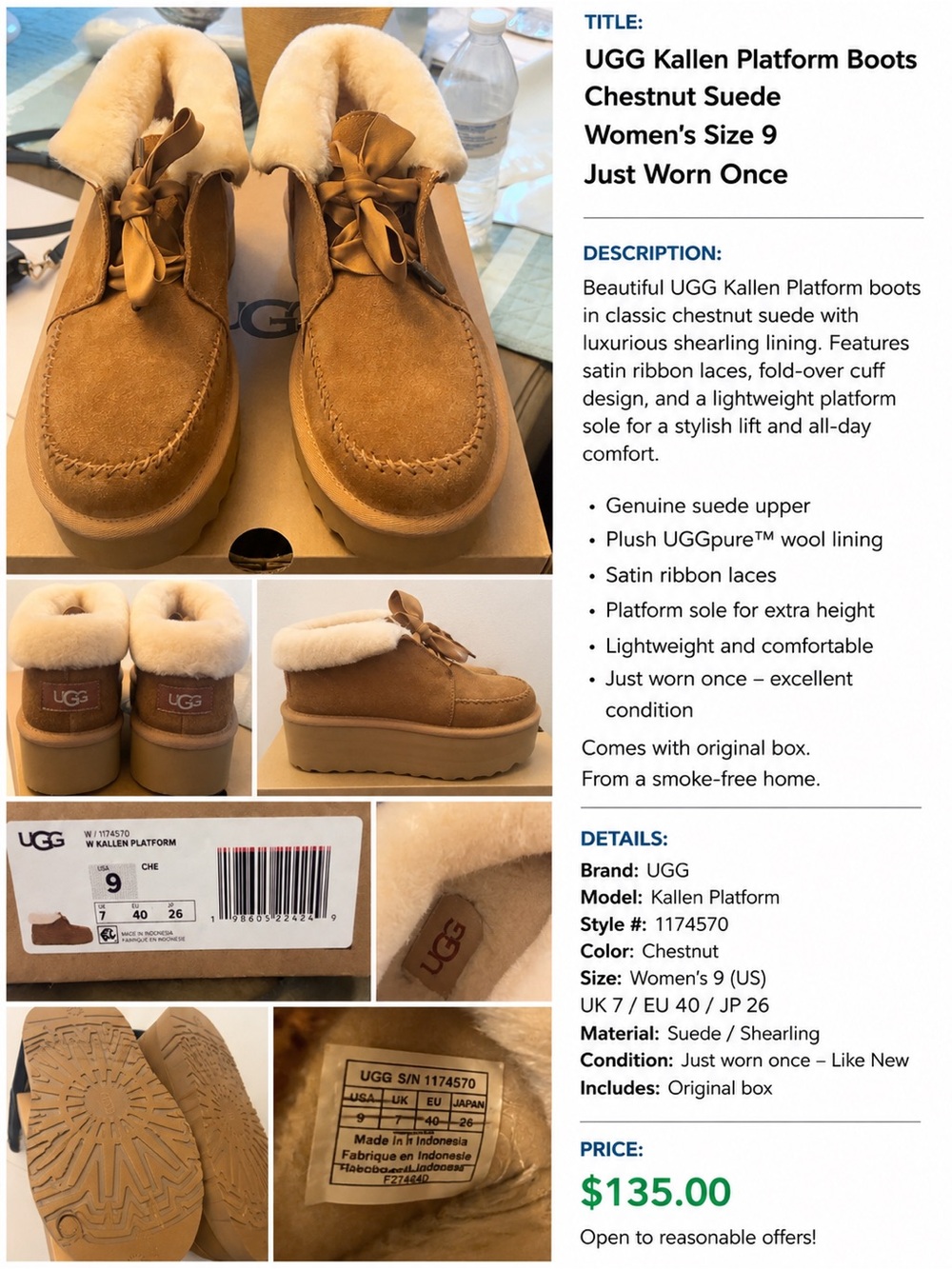 UGG Kallen Platform Chestnut Suede Size 9 – Hard to Find 💕